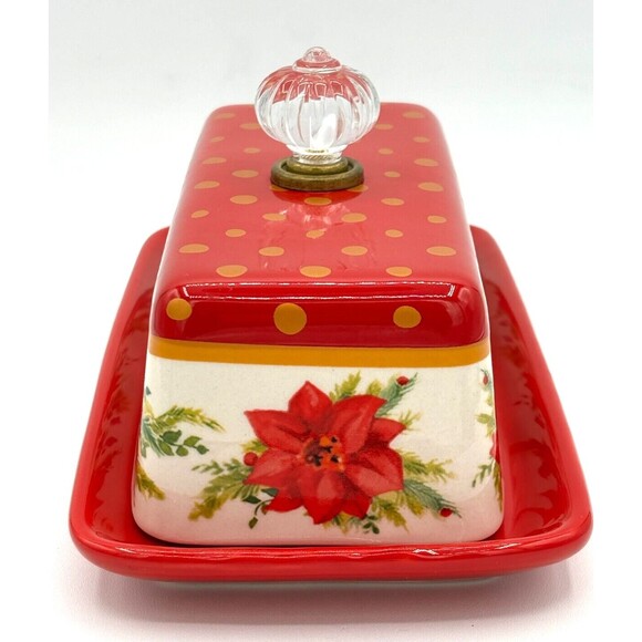 Pioneer Woman Holiday Cheer Red Gold Poinsettias Stoneware Covered Butter Dish - Picture 4 of 16